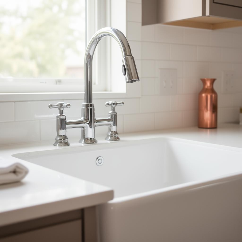 Polished chrome faucet and fixtures in a renovated kitchen